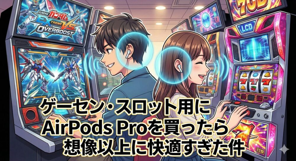 irPods Proを装着して快適そうに遊ぶ男女のアイキャッチイラスト。