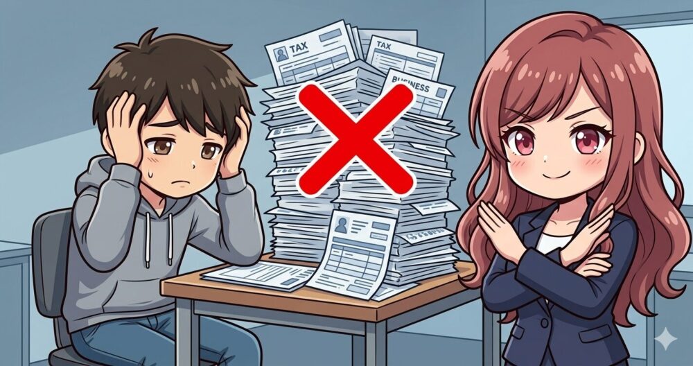 書類の山に赤いバツマークが付き確定申告不要をアピールするルナのイラスト