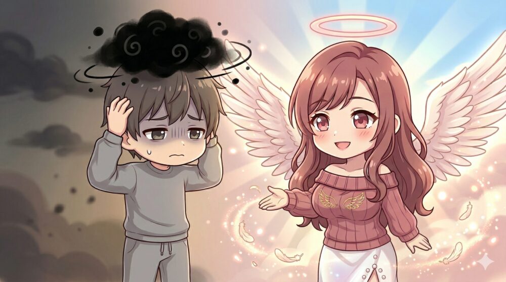 不安そうなコウタを天使のように明るく安心させるルナのイラスト