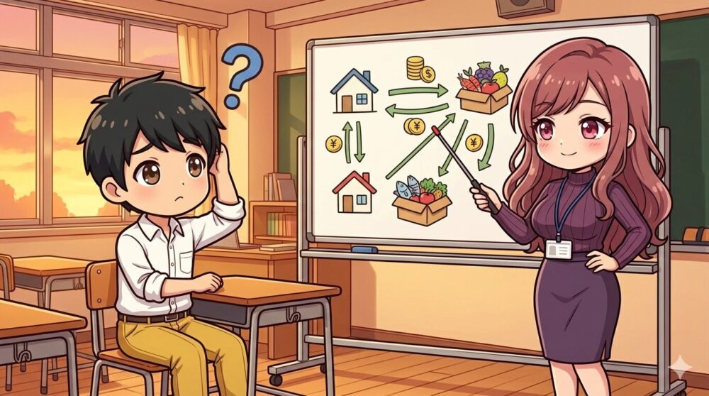 ふるさと納税の仕組みをホワイトボードで図解するルナと不思議そうなコウタのイラスト