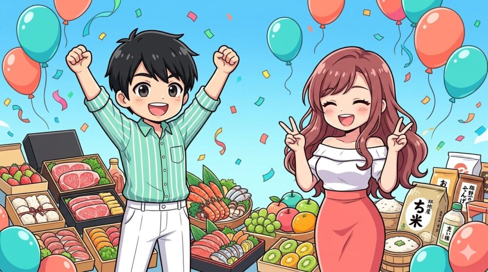 青空と風船の下で返礼品に囲まれガッツポーズするコウタとピースサインのルナのイラスト