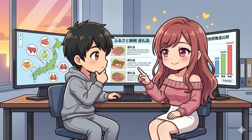 PC画面でふるさと納税の手順を確認するコウタとルナのイラスト