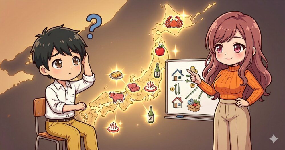 日本地図と特産品のボードでおすすめサイトを紹介するルナのイラスト