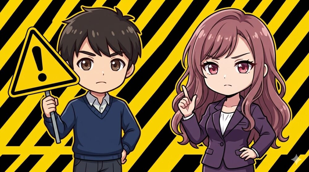 黄色と黒の注意背景で三角マークを掲げるコウタと真剣に説明するルナのイラスト