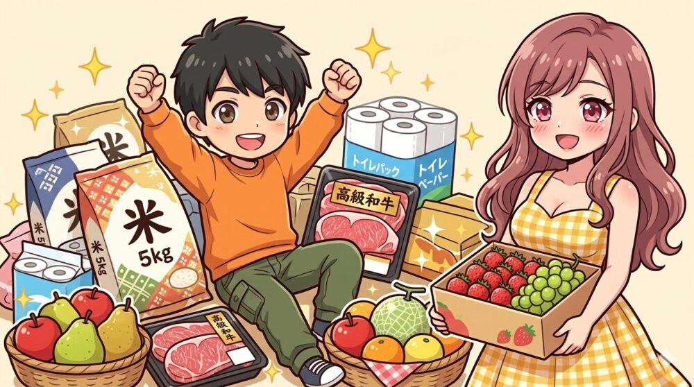 ふるさと納税の返礼品に囲まれて大喜びするコウタとルナのイラスト