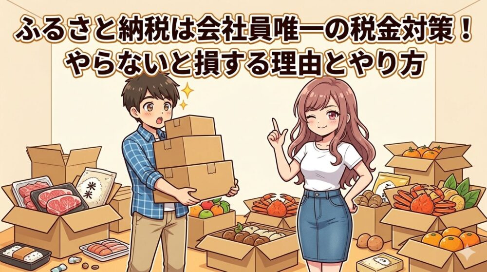 ふるさと納税の返礼品に囲まれて驚くコウタと説明するルナのアイキャッチイラスト