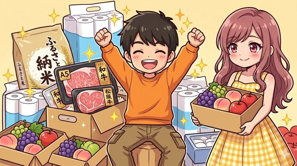 返礼品の米や松阪牛やフルーツに囲まれてガッツポーズするコウタとルナのイラスト