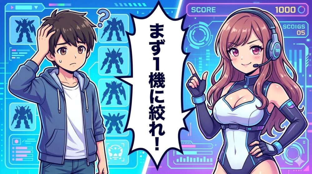 使用機体を1機に絞ることが大事だと説明するルナとコウタのイラスト