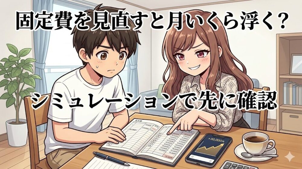 固定費見直しで家計を削減するコウタとルナのイラスト