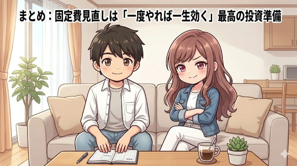 固定費見直し完了で安心するコウタとルナのイラスト