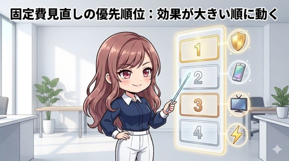 固定費見直しの優先順位を検討するコウタとルナのイラスト