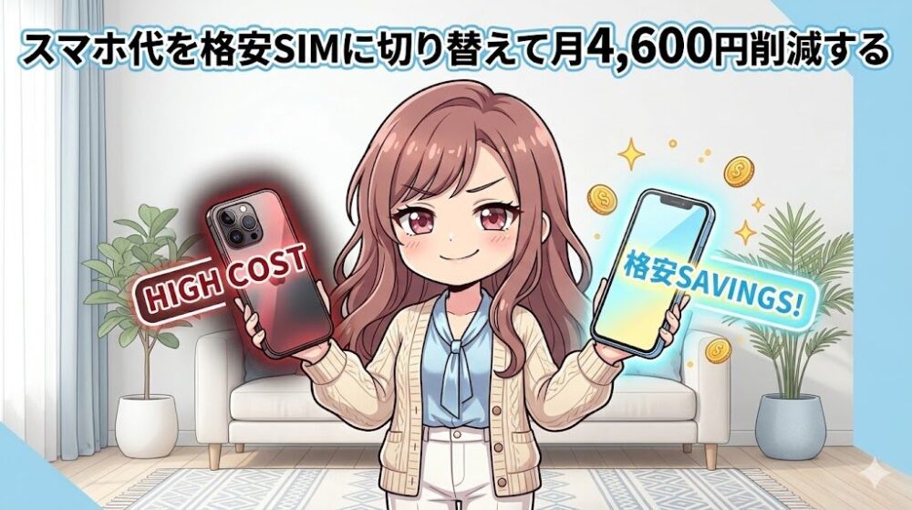 格安SIMへの乗り換えを検討するコウタとルナのイラスト