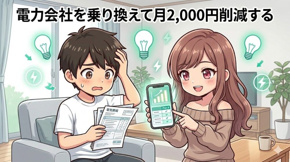 電力会社の切り替えを検討するコウタとルナのイラスト