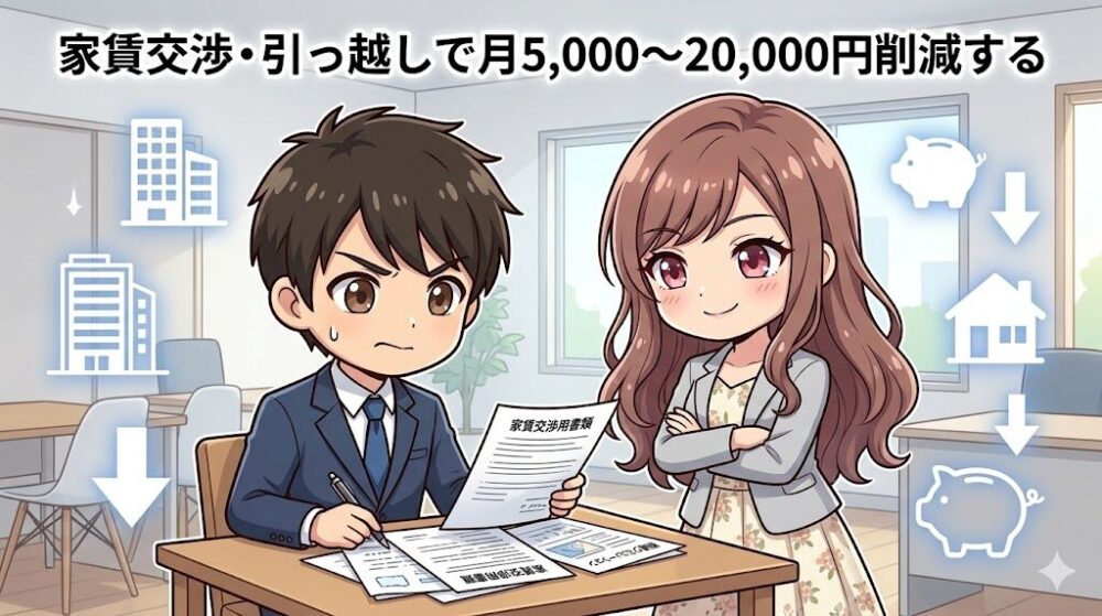 家賃交渉で節約するコウタとルナのイラスト