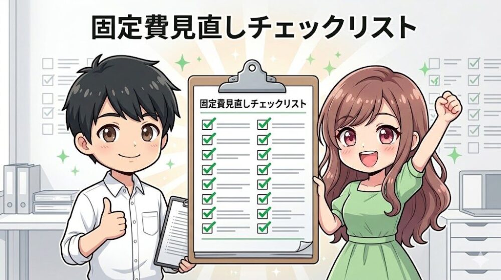 固定費見直しチェックリストを完了したコウタとルナのイラスト