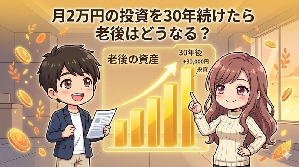 30年間の投資シミュレーショングラフを見るコウタとルナのイラスト