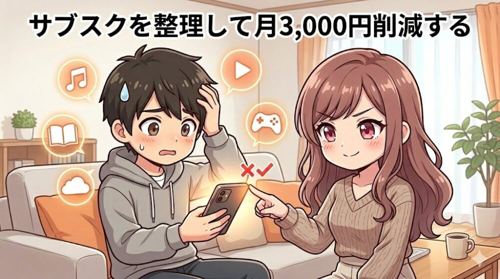 サブスク整理をするコウタとルナのイラスト