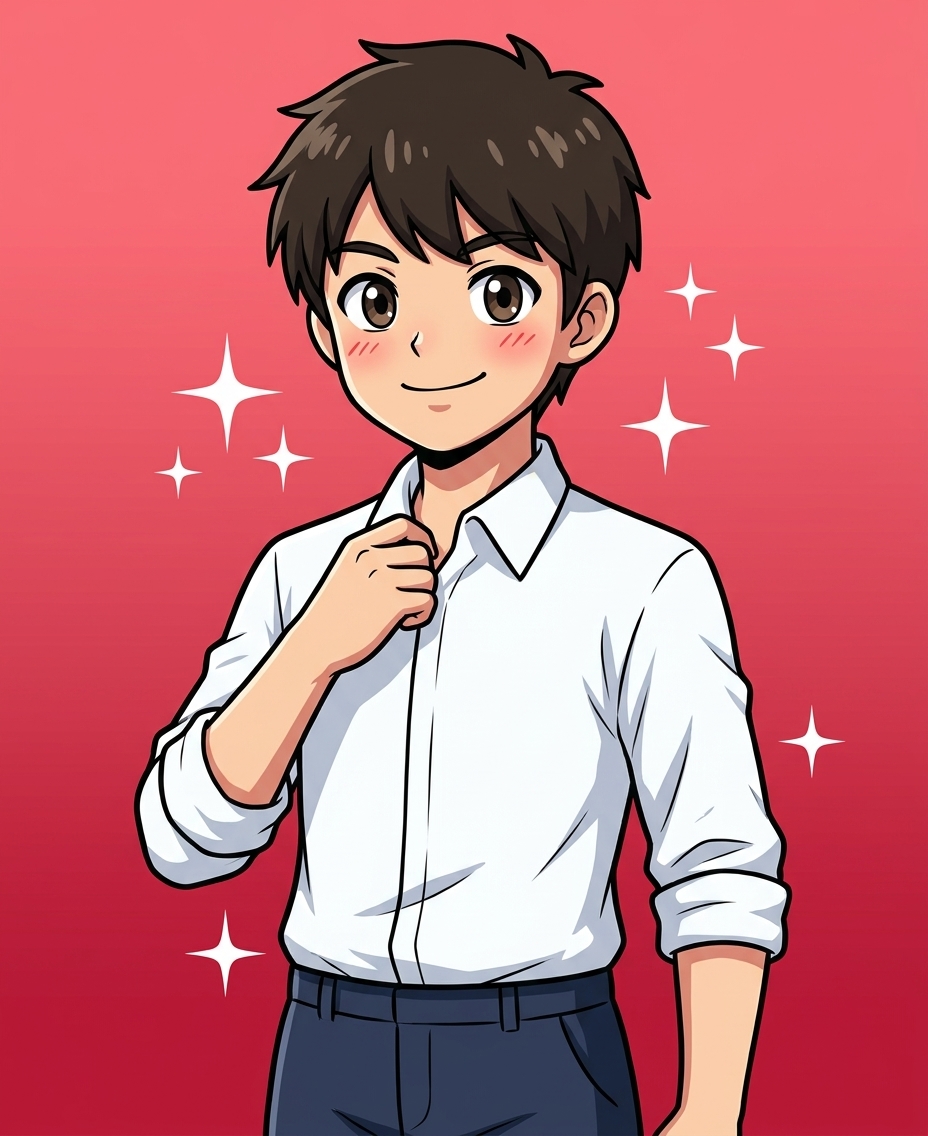 コウタがきれいめな服装で自信ある様子