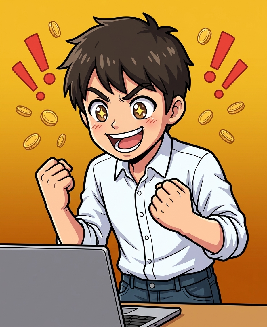 コウタが副業で稼いで喜んでいる様子