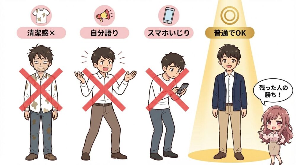 街コンの消去法ゲームで一人の男性がスポットライトを浴びているイラスト