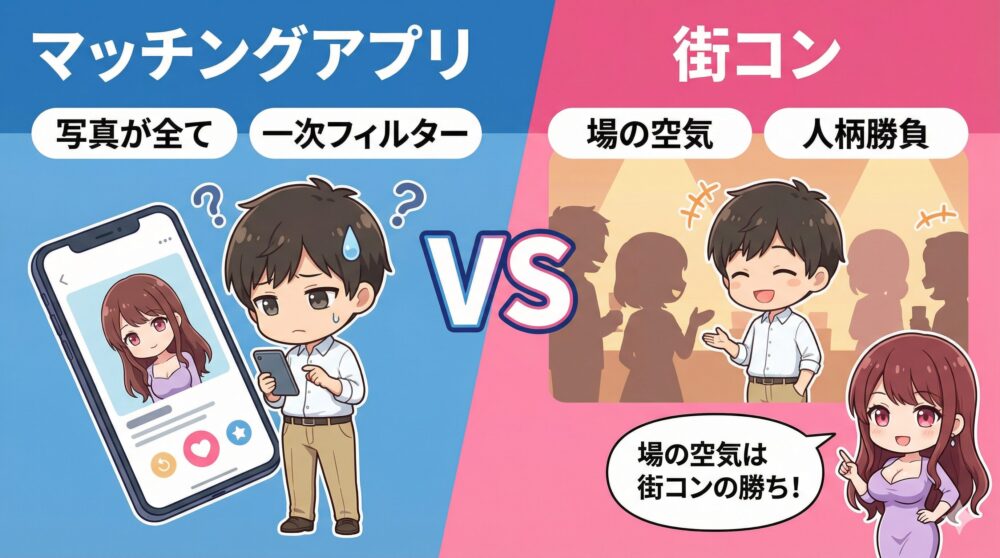 マッチングアプリと街コンを比較しているイメージイラスト
