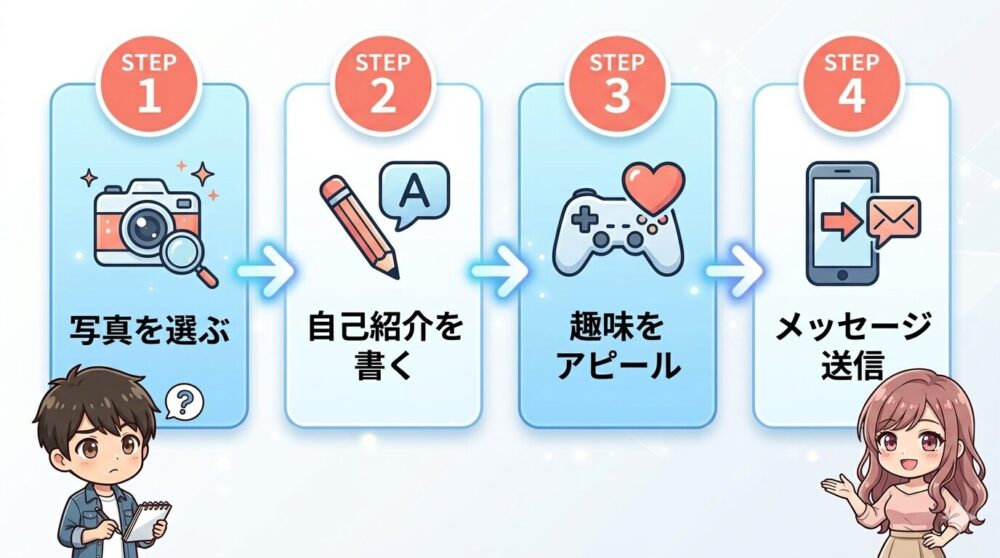 マッチングアプリのプロフィール作成4ステップフロー図