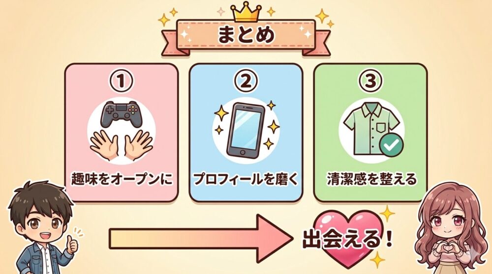 マッチングアプリで出会うための3ポイントまとめ図解