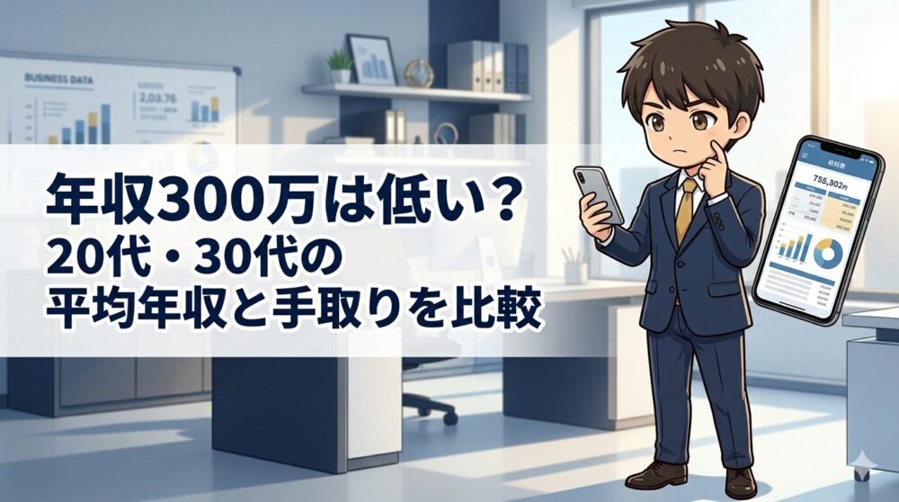 スマホで年収データを確認している若い男性会社員のイラスト