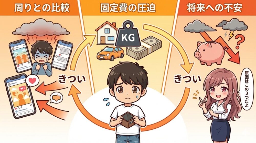年収が低いと感じる3つの理由を図解にしたイラスト