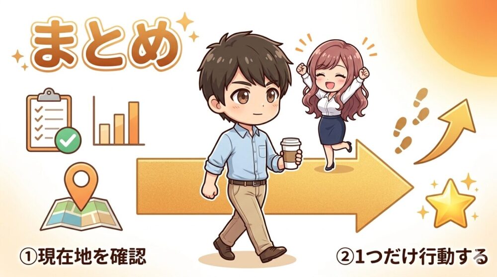現在地確認から一歩踏み出すまでの流れを図解にしたイラスト