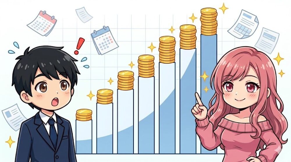 右肩上がりの棒グラフを見て驚くコウタとルナのイラスト