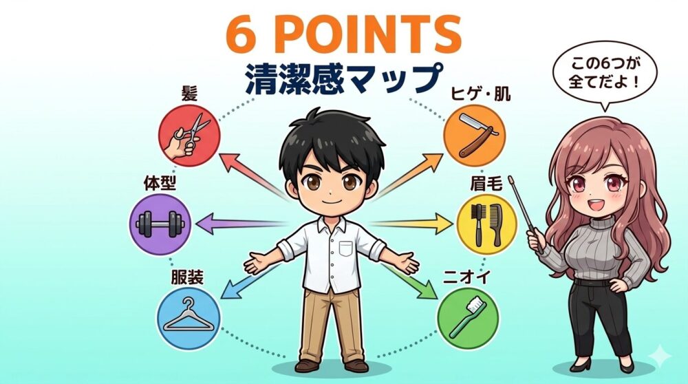 清潔感の6領域マップ｜髪・肌・眉・ニオイ・服・体型