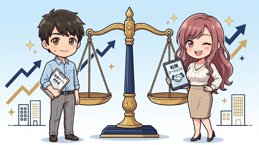 転職サイトと転職エージェントの違いを比較する天秤のイラスト