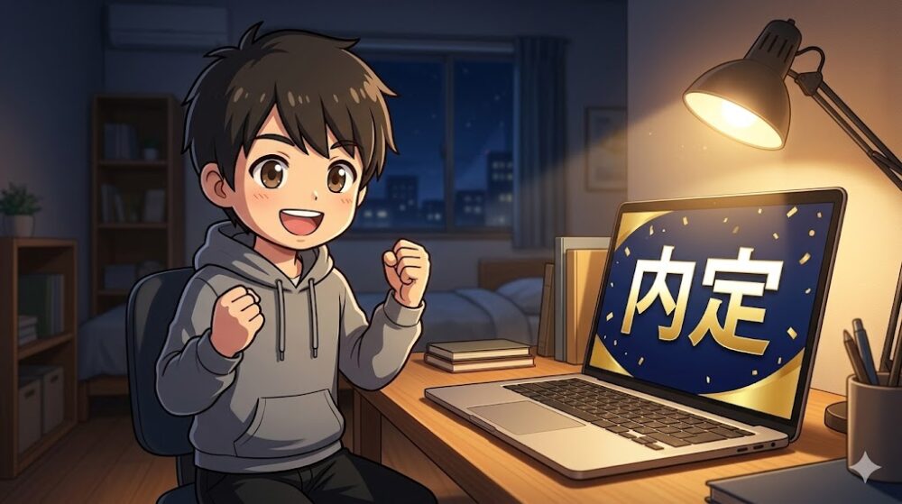 ノートパソコンの前でガッツポーズをするコウタ。画面には内定の文字