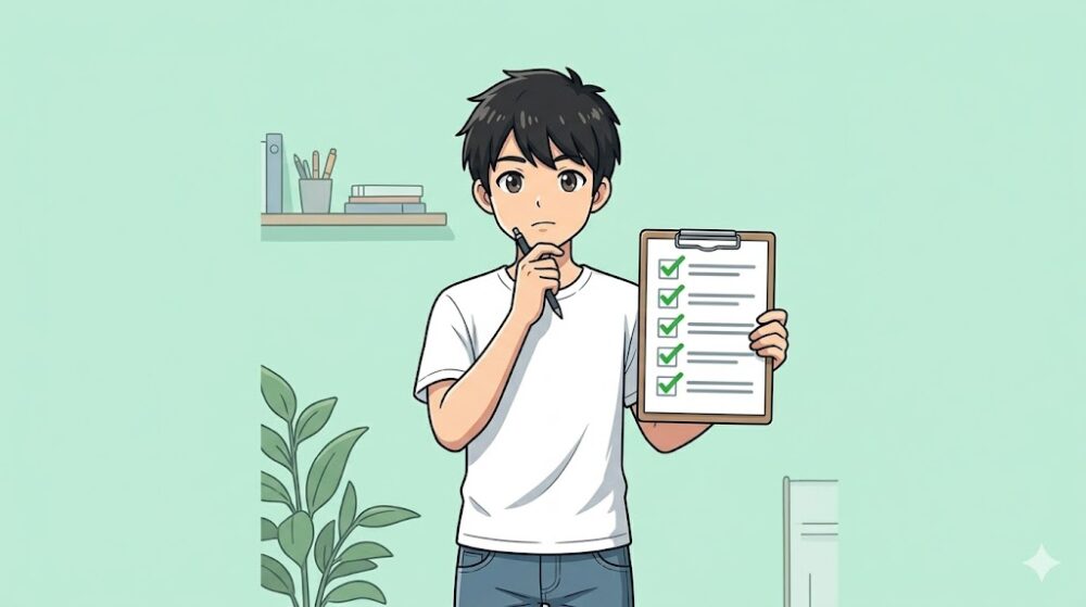 チェックリストを持って考え込むコウタのイラスト