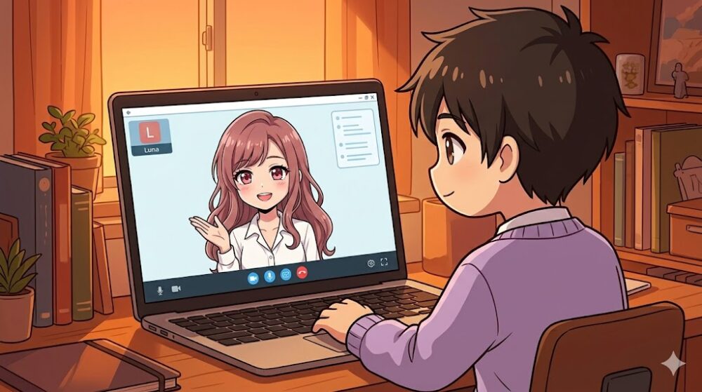 パソコン画面でルナと面談するコウタのイラスト