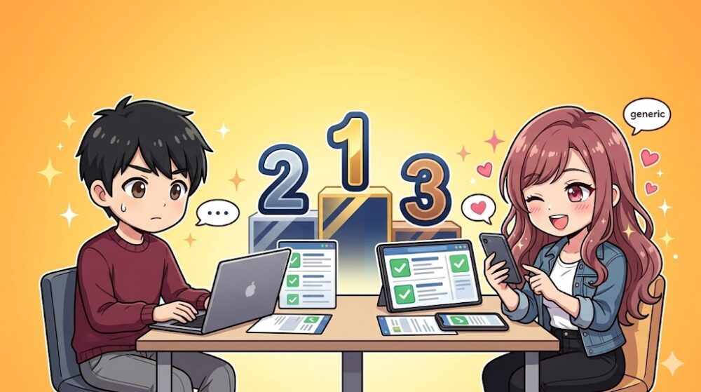 コウタとルナが転職サイトを比較しているイラスト