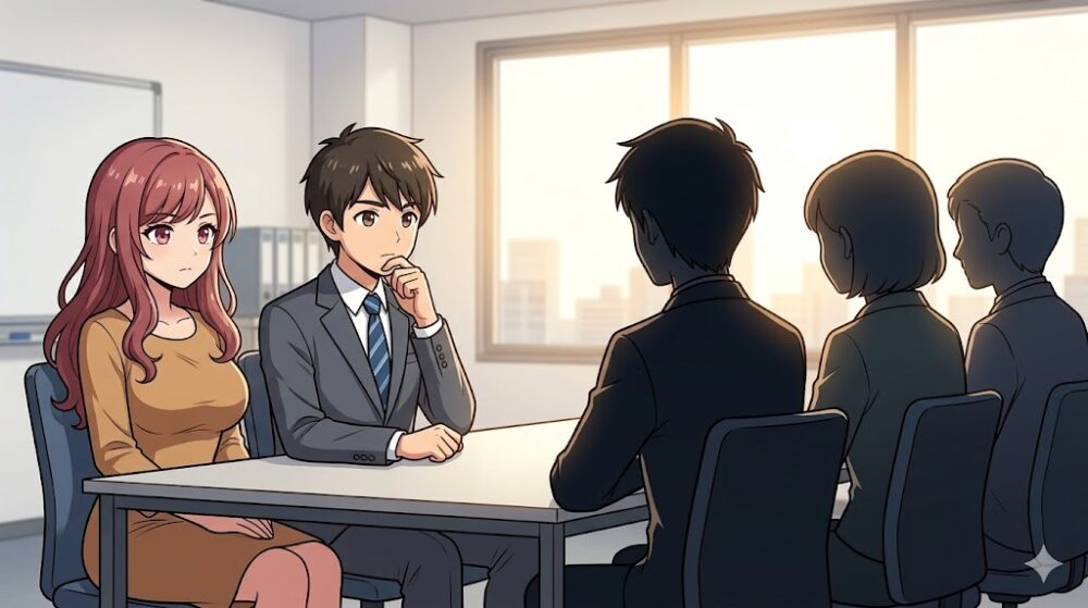 ルナとコウタが転職エージェントと面談しているイラスト