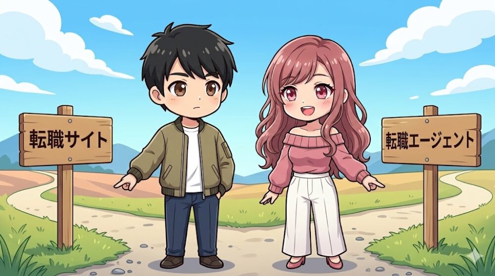 コウタとルナが転職サイトと転職エージェントの分かれ道に立つイラスト