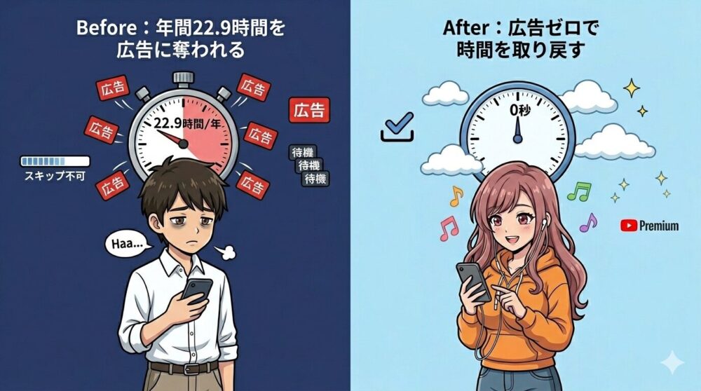 YouTube広告で年間22.9時間失う Before / Premiumで時間を取り戻す After