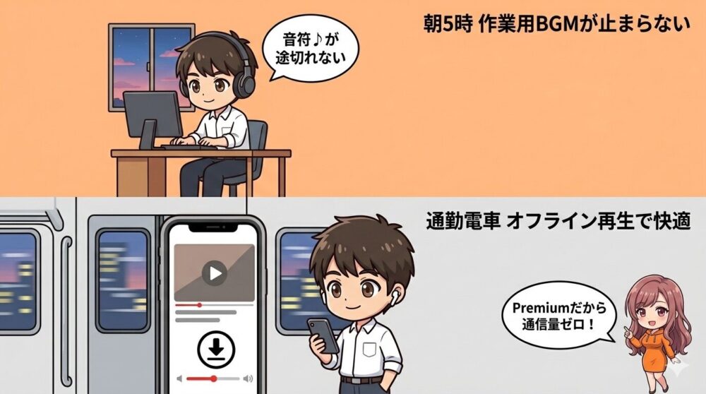 朝5時の作業BGM・通勤電車のオフライン再生 YouTube Premium活用シーン