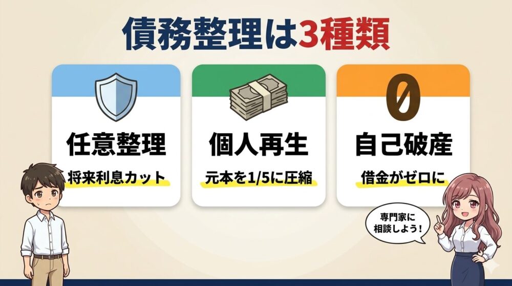 債務整理は3種類（任意整理・個人再生・自己破産）
