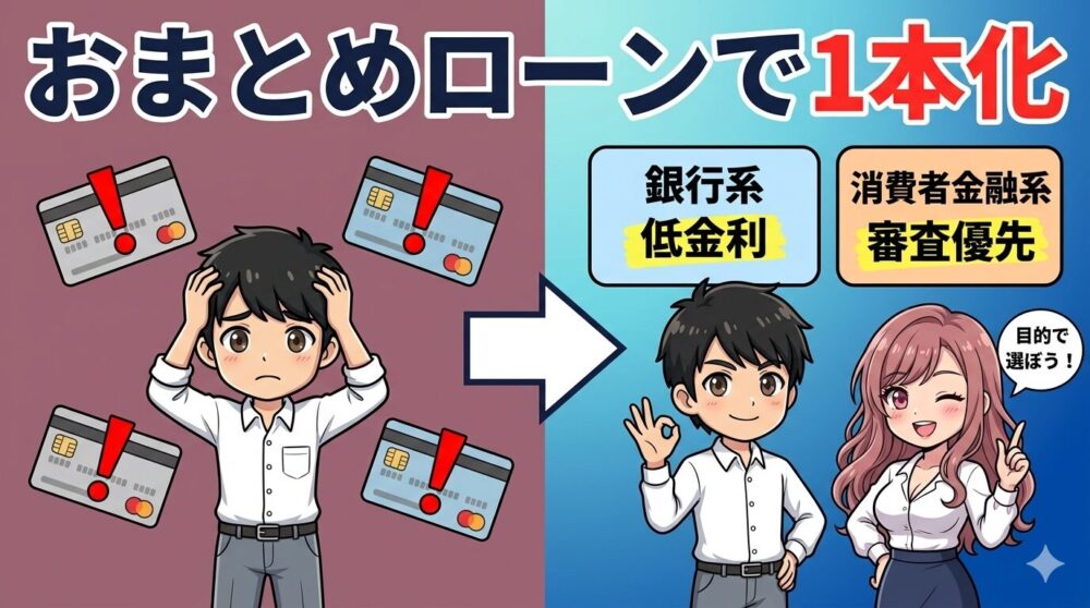 おまとめローンで1本化（銀行系：低金利／消費者金融系：審査優先）