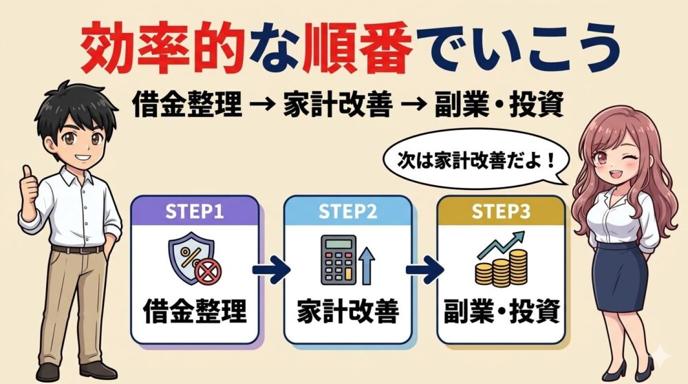 効率的な順番でいこう（借金整理→家計改善→副業・投資）