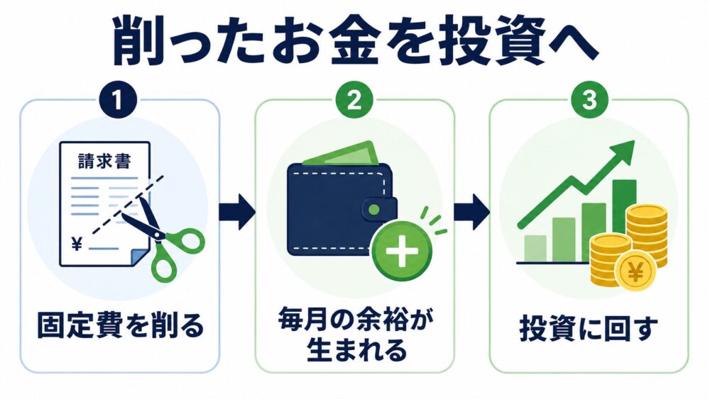 固定費削減から投資資金化・老後資金へのフロー図