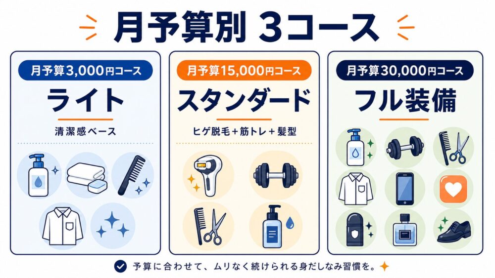 月予算別モテ投資3コース(月3000円/15000円/30000円)の比較