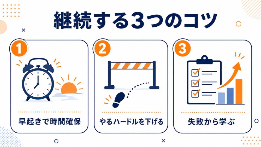 モテ行動を継続する3つのコツ(早起き・ハードルを下げる・失敗から学ぶ)