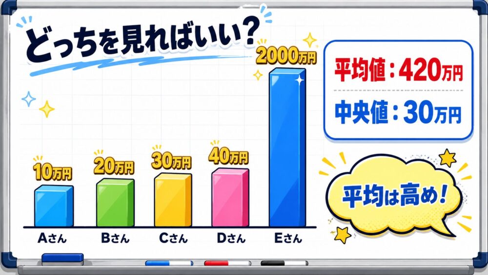 平均値と中央値の違いを示す図解