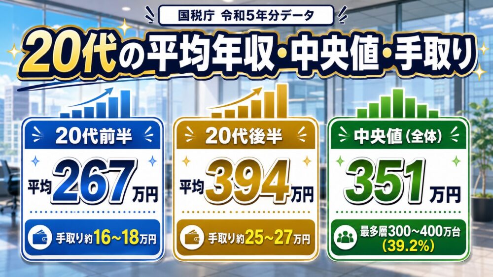 20代の平均年収・中央値・手取り一覧