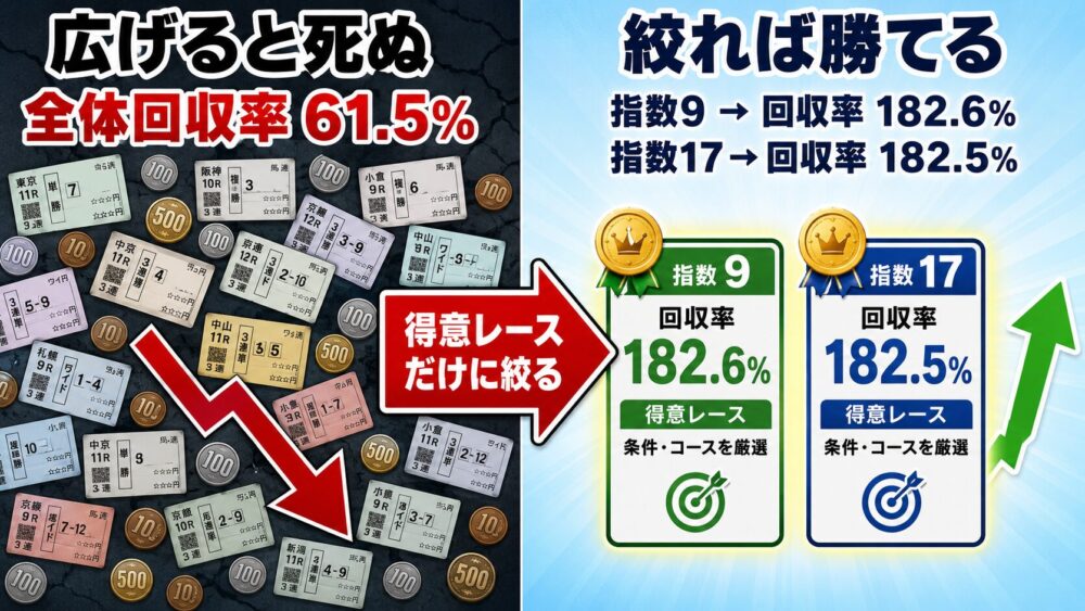 Before：全レース予想で全体回収率61.5%。After：得意レースに絞って指数9が182.6%・指数17が182.5%に改善